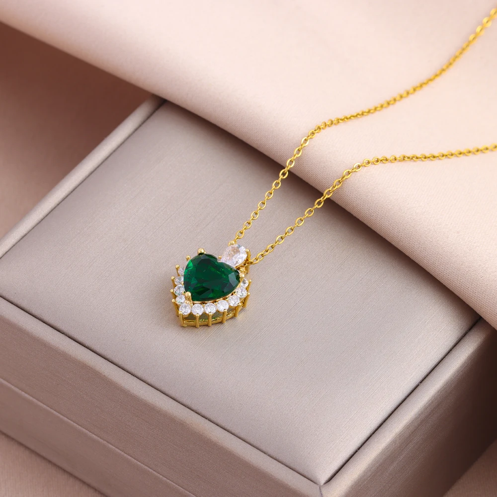 New Vintage Style Luxury Green Zircon Crystal Necklaces For Women Classics Female Daily Wear Stainless Steel Neck Chain Jewelry