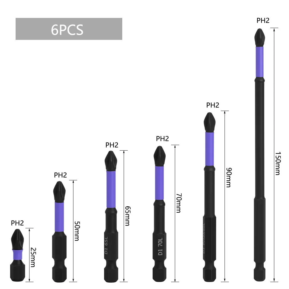 

6pcs PH2-Cross Screwdriver Set Magnetic Batch Head Impact Drill Bit Alloy Steel Non-slip Cross Screwdriver