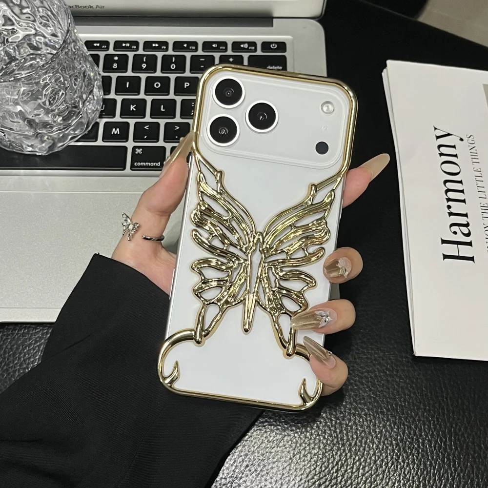 Borderless Hollow Butterfly Electroplating Glossy Series PC Case for iPhone 17 Air 16 15 14 Plus 13 12 11 Pro Max Hard Cover