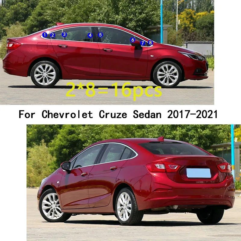 Car PC Material Pillar Post Cover Door Trim Window Molding Stickers 16pcs For Chevrolet Cruze Sedan 2017 2018 2019 2020 2021
