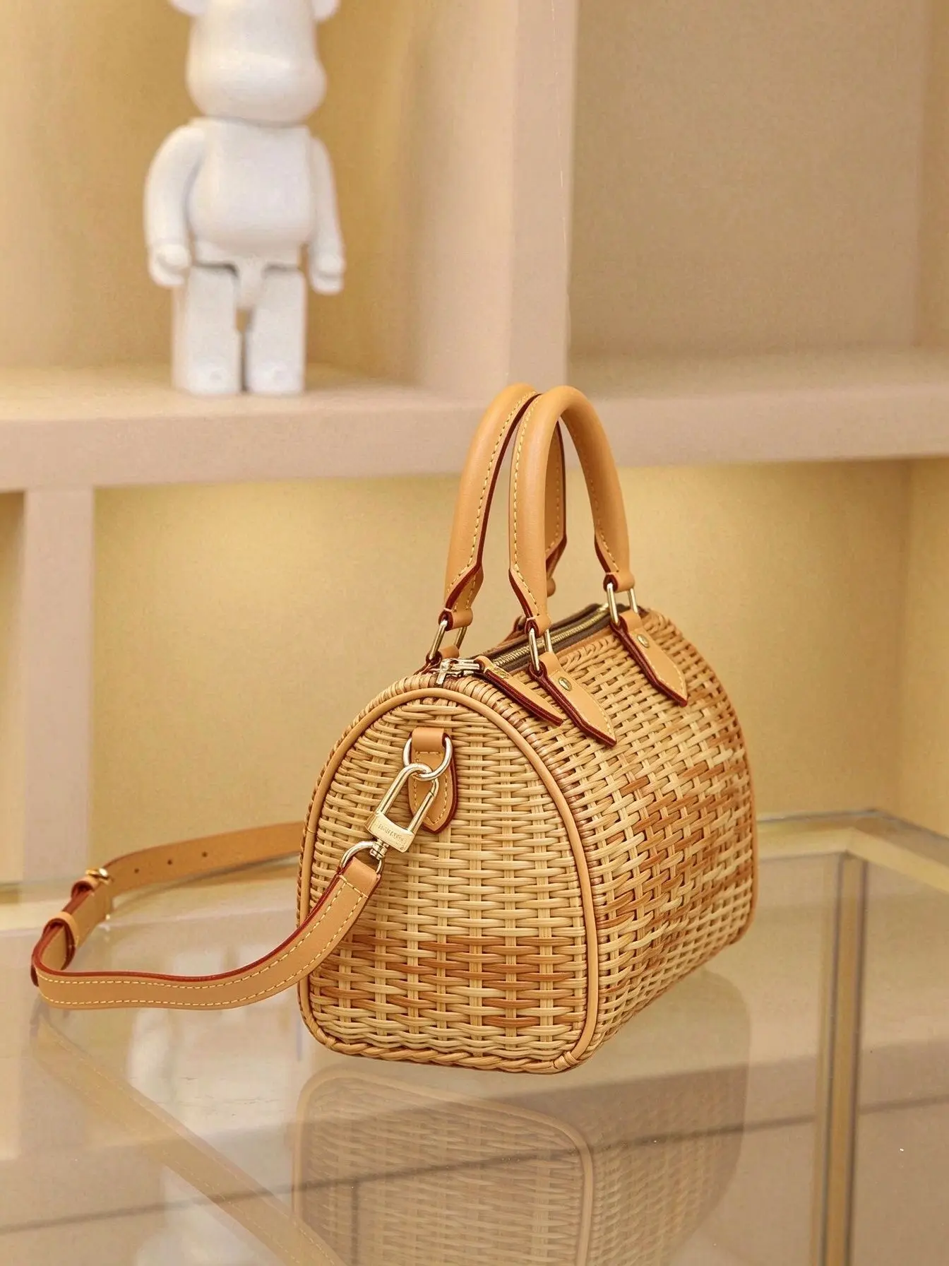 Women's Rattan Straw Woven Satchel Bag Top Handle Handbag Removable Shoulder Strap Casual Holiday Crossbody Purse