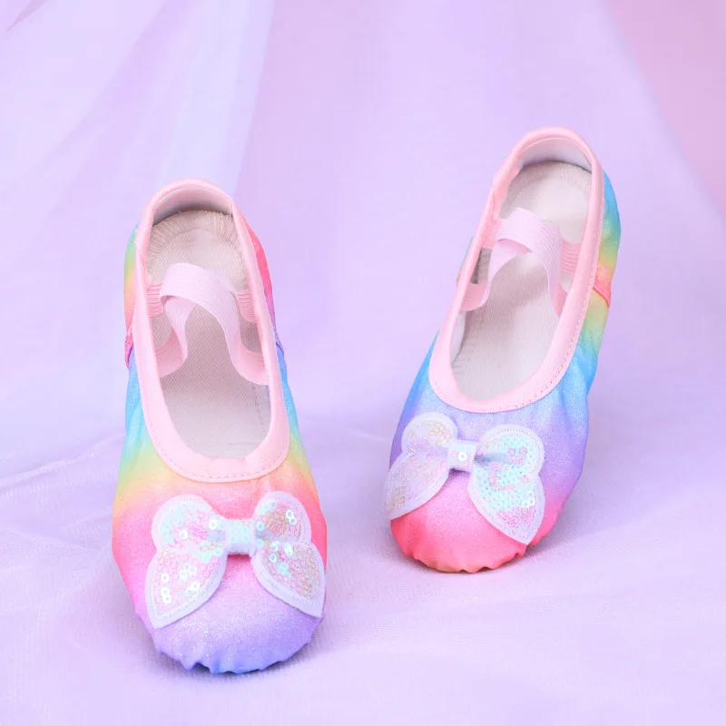 Kleur Gradiënt Meisjes Dansschoenen Sneakers Vrouwen Kids Schoenen Meisje Ballerina Vrouw Boog Lijn Dansschoenen Vrouwen Regenboog Ballet Flats