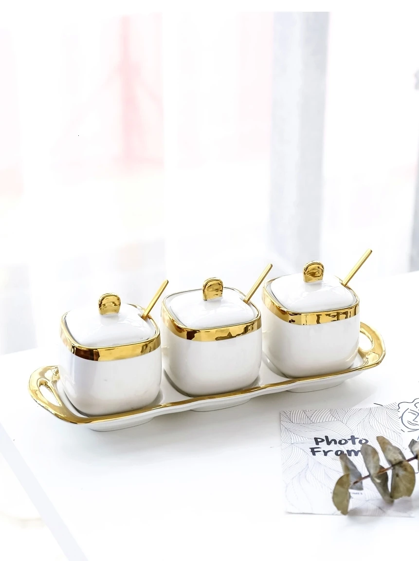 Northern European Light Luxury White Phnom Penh Ceramic Sugar Can Salt pot condiment four-piece flower tea storage