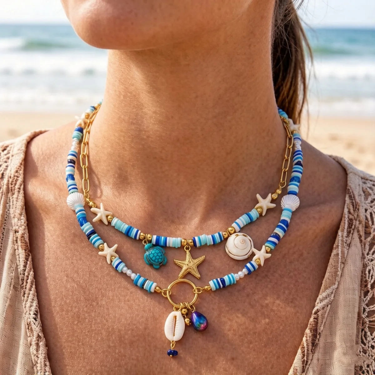 Halskette mit Seestern, Muschel, Schildkröte und Quaste aus Kunstharz für Damen und Herren, doppellagig, blau, aus weicher Tonperlen, Sommer-Strandschmuck – Detail 4