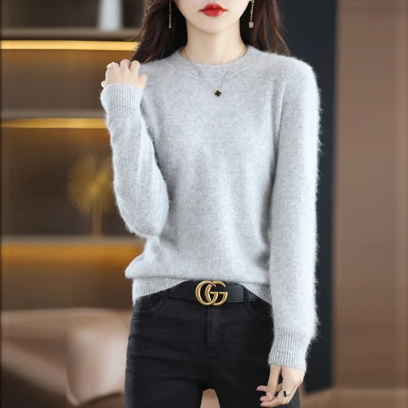 Round Neck Pure Mink Cashmere Sweater Women\'s Long Sleeve Top Autumn and Winter Warm Loose Knit Pullover Solid Color Base Top