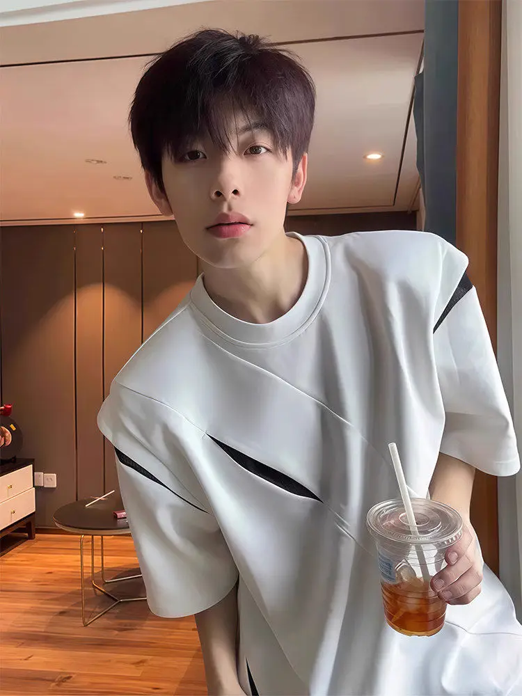 Deconstructed Patchwork Shoulder T-Shirt Men's  Design Knife Cut Pad Shoulder Short Sleeve Casual Wear round Neck Top