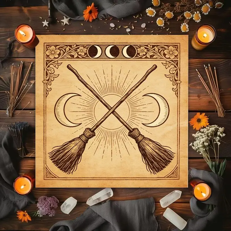 VIKAMA Three Phase Moon Witch Broom Retro Flower Altar Cloth Tarot Card Tablecloth Wicka Divination Ceremony Mat