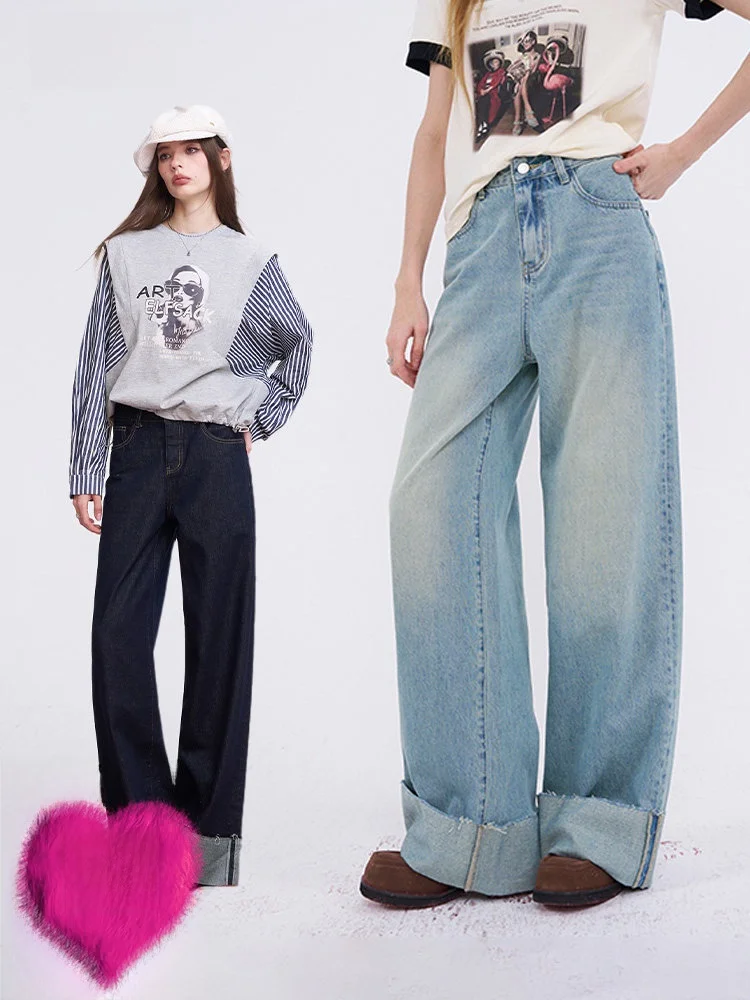 

Blue Rebellious Waed Frayed Hem Denim Jeans Women's Spring Summer High Waist Straight Leg Wide Leg Pants by Elf Sa