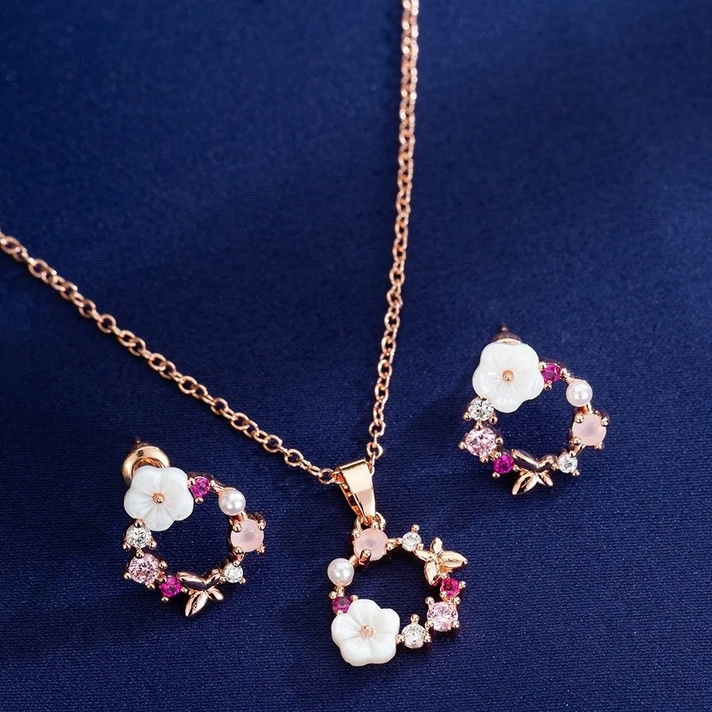 4 Pcs/Set Elegant Rose Gold Jewelry Set Simple Ornate Exquisite Design Zircon Necklace Ring Earrings Set Petal-Inspired Dainty