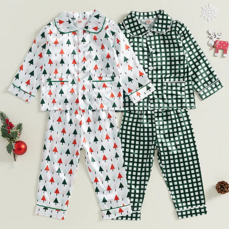 RUEWEY 1 to 5 Years Kids Girl Boy Christmas Pajamas Sets Plaid/Tree Print Long Sleeve Tops with Pants Sleepwear Baby Clothing