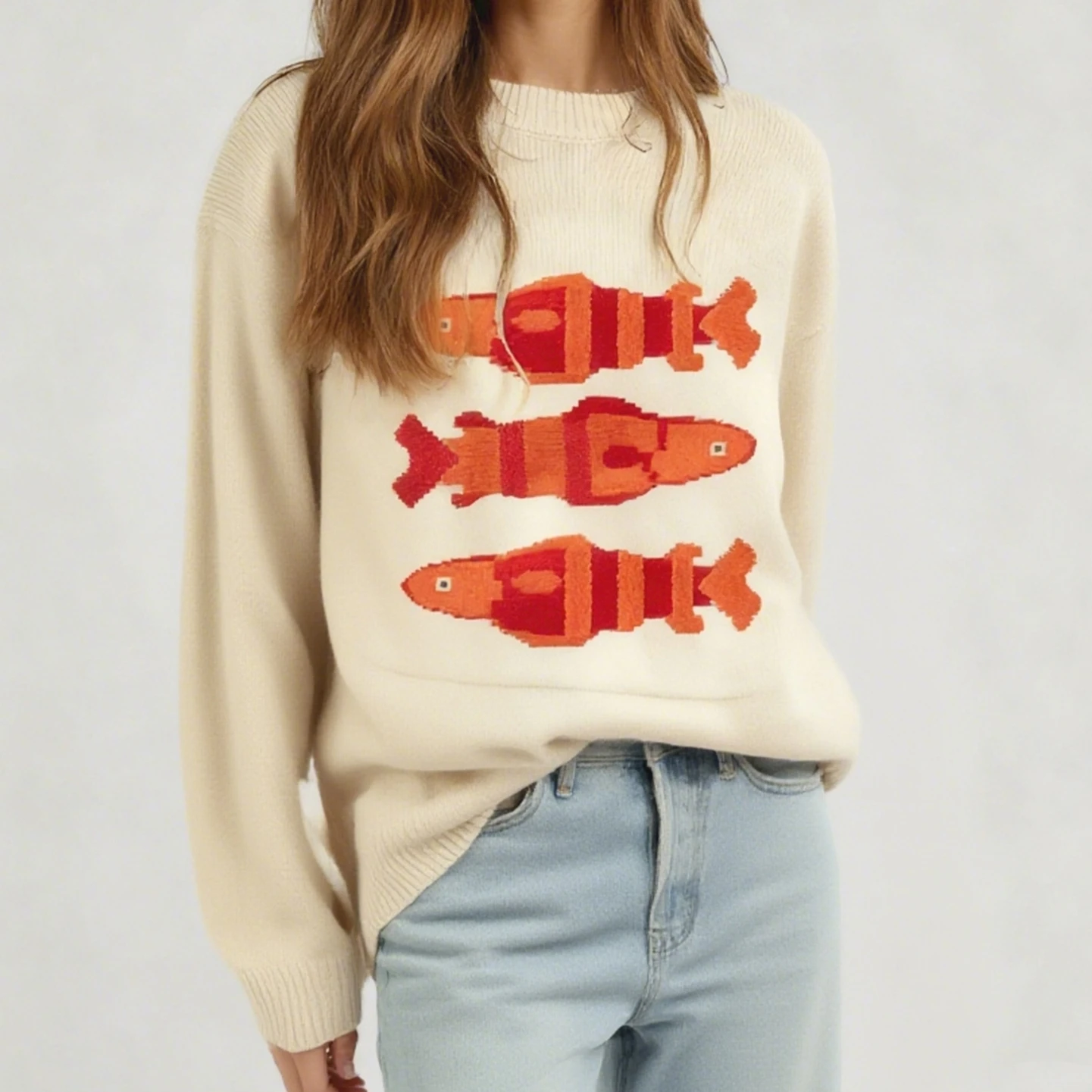 เสื้อไหมพรมผู้หญิงดีไซน์หรูหรา สไตล์ลำลอง ลายปลา แขนยาว คอกลม ทรงหลวม ใส่สบาย เหมาะสำหรับฤดูใบไม้ร่วง