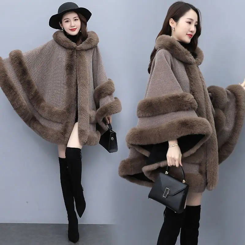 New Autumn Jacket Cloak Women Clothing Woolen Coat New Fashion Shawl Fur Collar Bright Line Decoration Poncho Winter T69