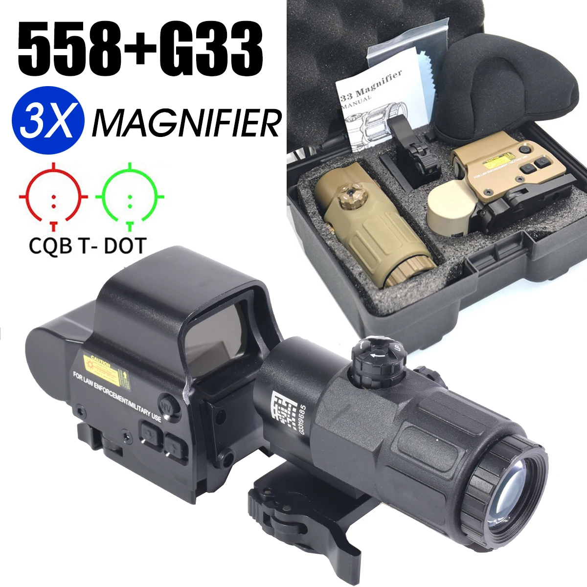 558 G33 Holographic Box Set Tactical Red Green Dot Sight Scope 3X Magnifier Combo Hunting Shooting Optical Reflex Scope