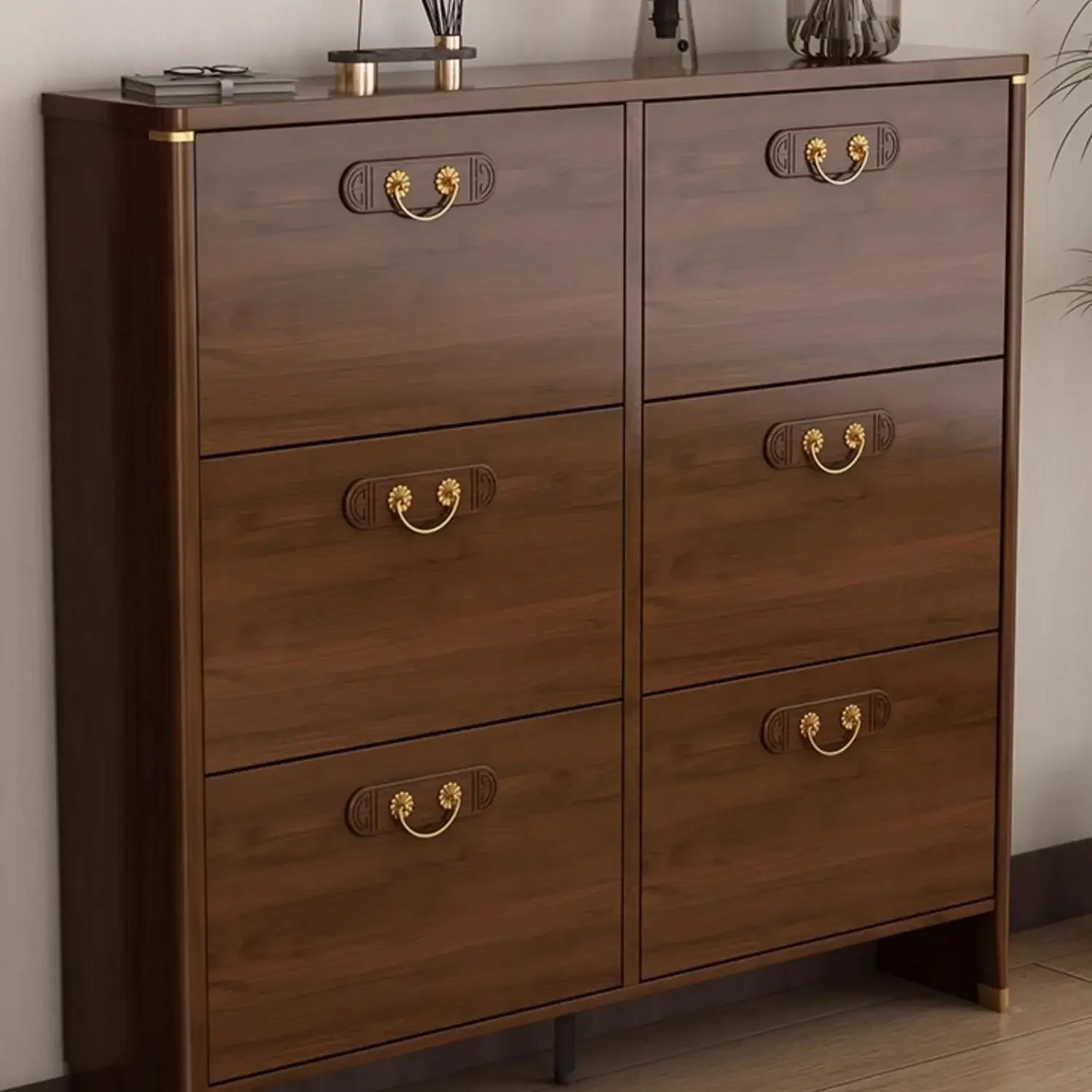 Ultra-thin shoe cabinet flip-top, solid wood color, thin entryway for narrow homes, integrated entrance area against the wall