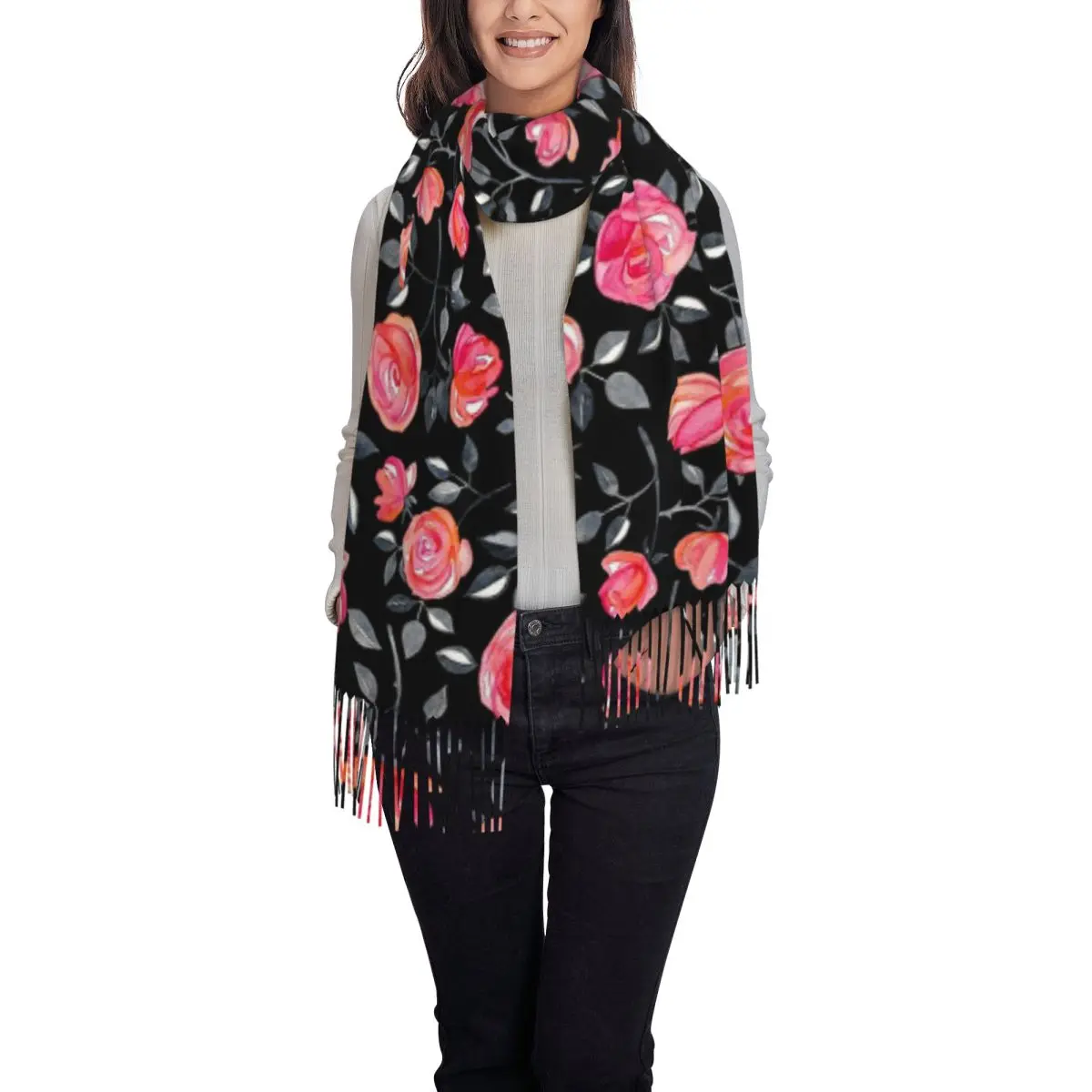 Rosas en negro, bufanda con estampado Floral de acuarela, bufandas con borlas para mujer, chal suave y cálido y envolturas, chal grande para Otoño e Invierno