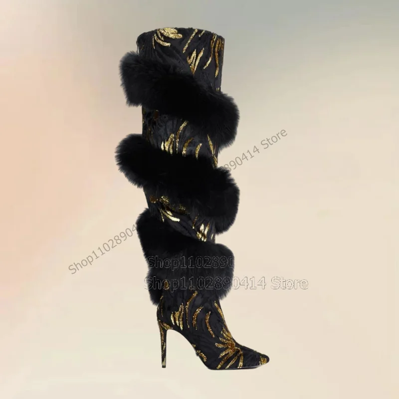 Botas femininas de dedo pontiagudos com estampa de leopardo, sapatos deslizantes, salto alto fino, decoração de pele preta, festa de moda, 2021