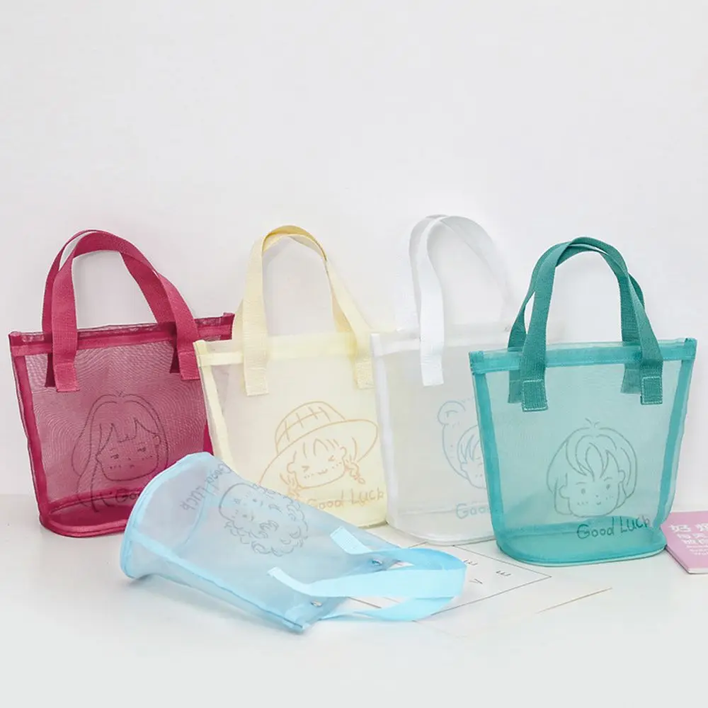 Simple Transparent Large Nylon Mesh Solid Color Korean Style Bag Storage Bag Women Handbag Makeup Bag