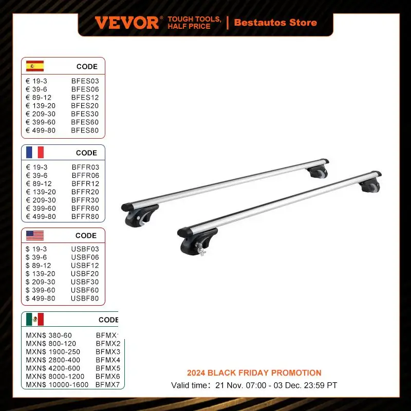 VEVOR Universal Roof Rack Cross Bars Aluminum Roof Rack Crossbars Fit Raised Side Rail 90KG Load Capacity Adjustable Crossbars