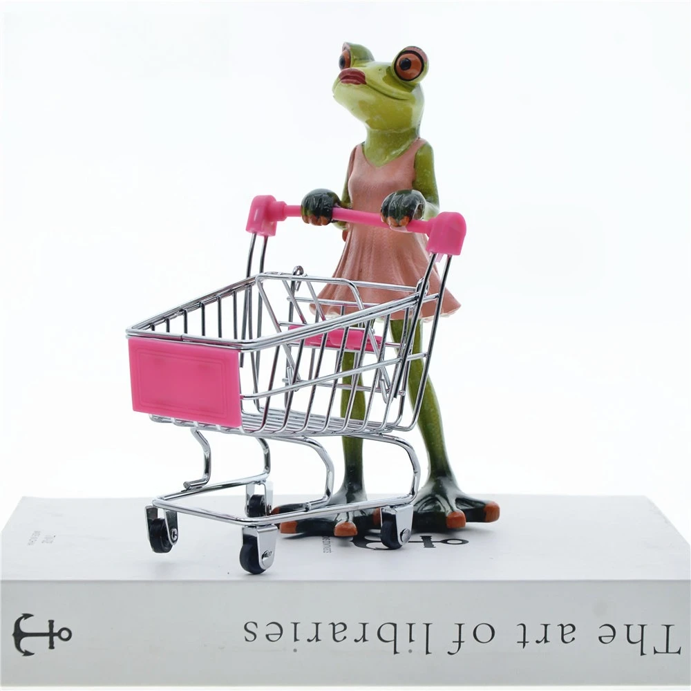 Long Legged Frog Lady Statue Shopping Frog Figurine Small Cart Creative Home Desktop Supermarket Shopping Mall Decorations