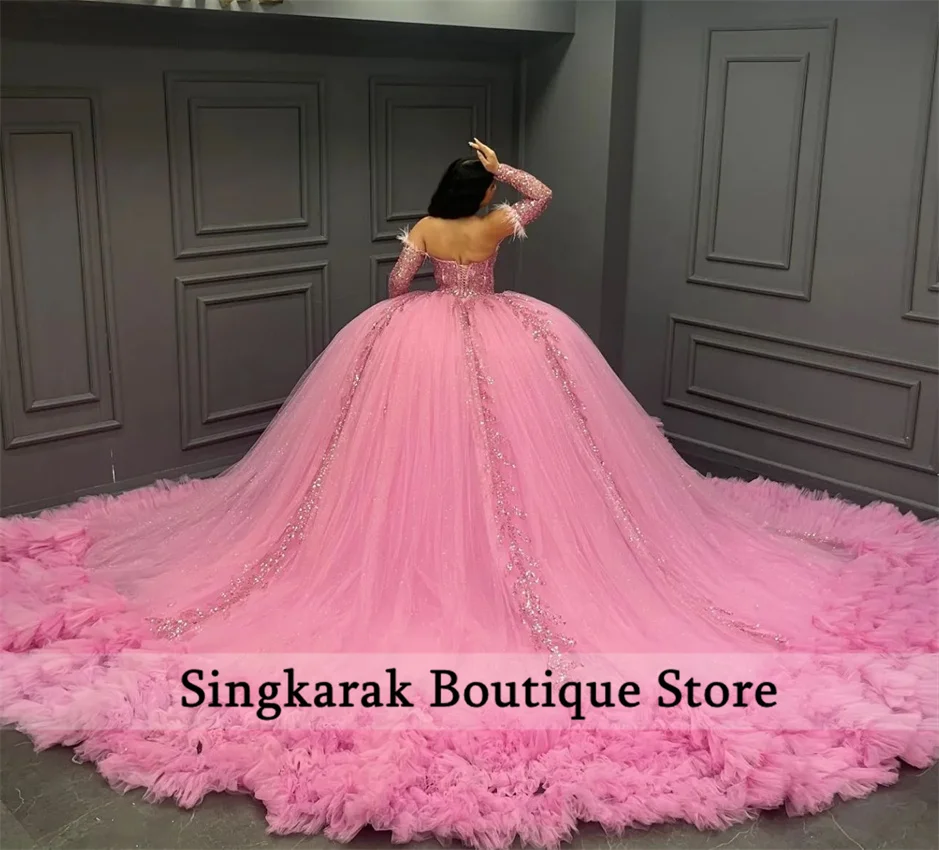 Puffy Pink Quinceanera Dresses Two Gloves Tiered Ruffles Beads Pearls Birthday Party Crystals  Wedding Gowns Customized 