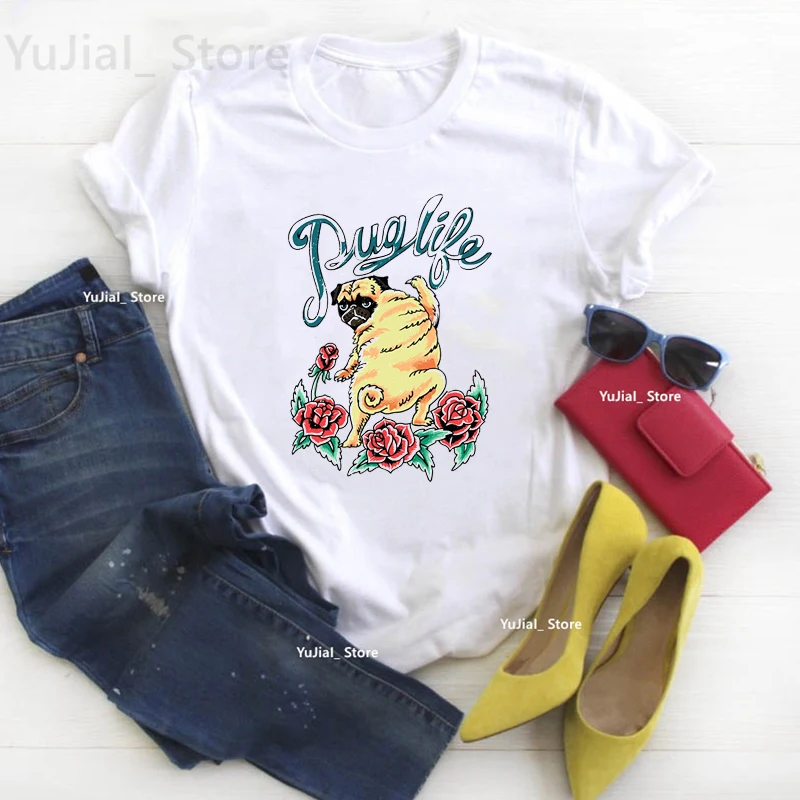 Mulheres's Vegan flores impressão T-Shirt, Pug e Amigos, Botânico, Buldogue Francês, Chihuahua, Dog Lover, Harajuku Shirt, Meninas