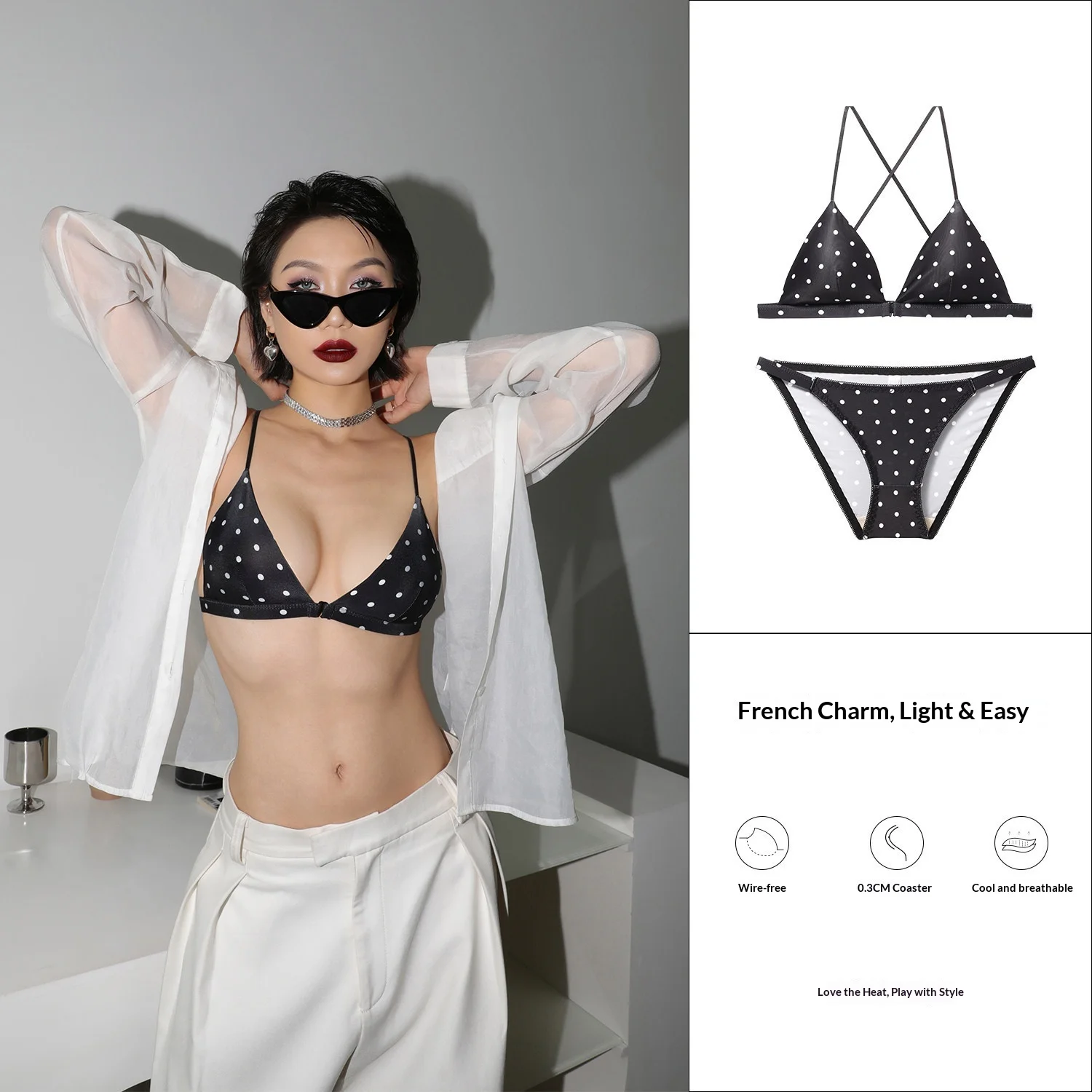 Wave Point Front Buckle Thin Strap Bra Underwear Set, Women's Triangle Cup Gathering Two-piece Set, Close Fitting Underwear