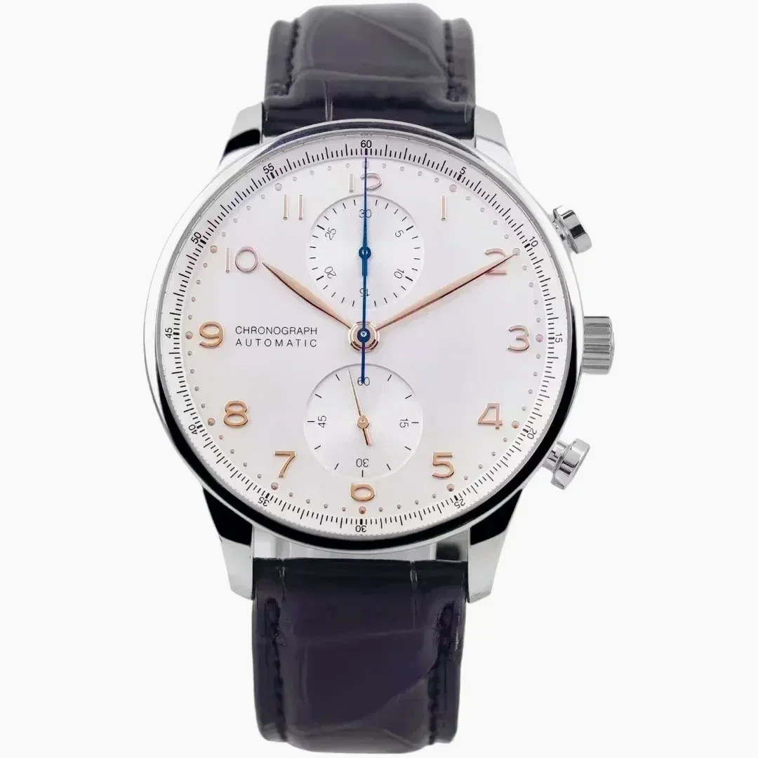 Casual Man Watches Portugieser Look Stainless Steel Shell Automatic Mechanical Movement Elegant Profile Black Blue Leather Band