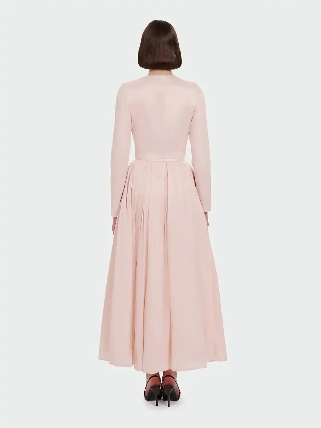 Lili's Couture Collection Store Elegant Blush Pink Two Piece Dress With Asymmetric Bow Detail Long Sleeve Crop Top & High Waist