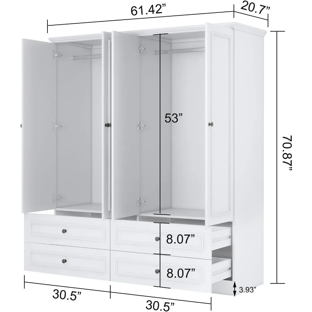 خزانة ملابس خشبية ذات سعة كبيرة مع 4 أبواب وقضبان تعليق و4 أدراج ومرآة ورفوف لتخزين أقصى قدر من الأورجا