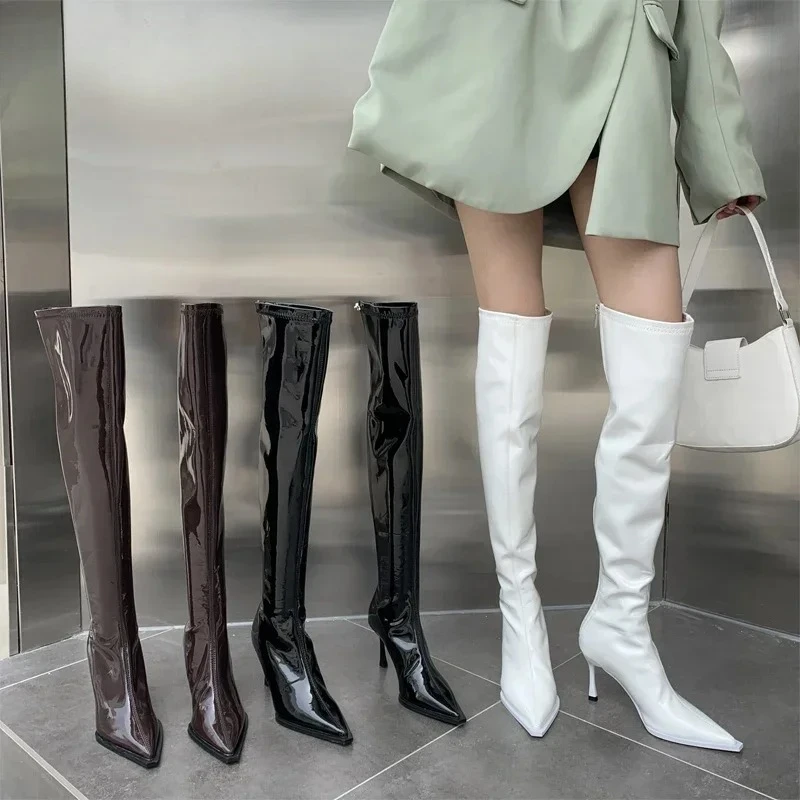 

Aneikeh Street Style Long Thigh High Fashion Sexy Patent Leather Women Over The Knee Boots Pointed Toe Zip Thin Heels Shoe