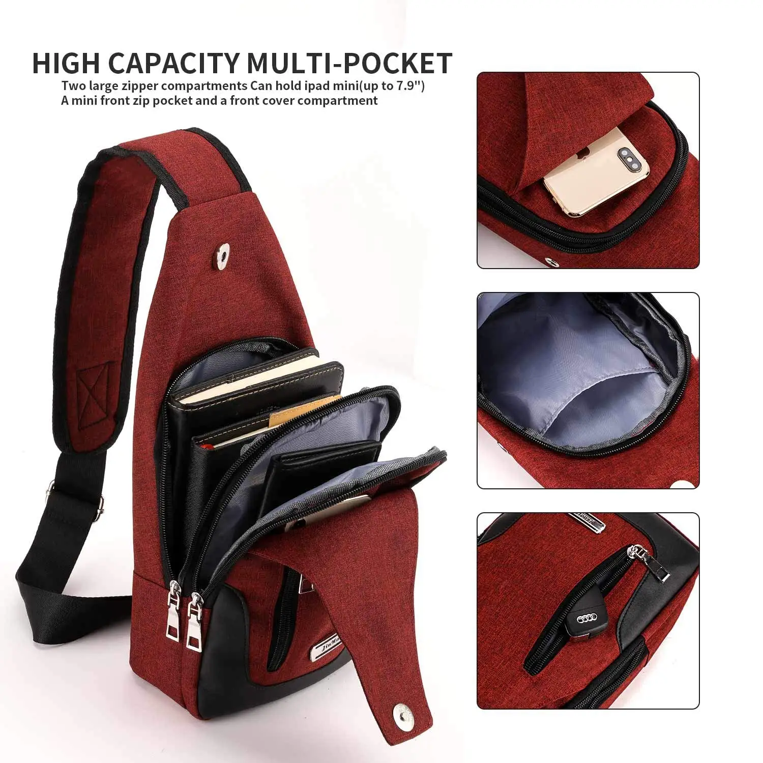 Lightweight Casual Canvas Unbalance Backpack Crossbody Sling Shoulder Bag Chest Bag with USB Charging Port for Men Women