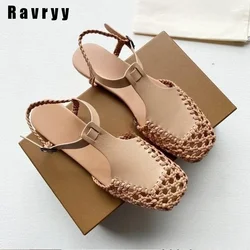 Leather Retro Mary Jane Braided Fisherman Shoes 2023 New Summer Fashion Hollow Roman Shoes Square Toe Breathable Buckle Sandals