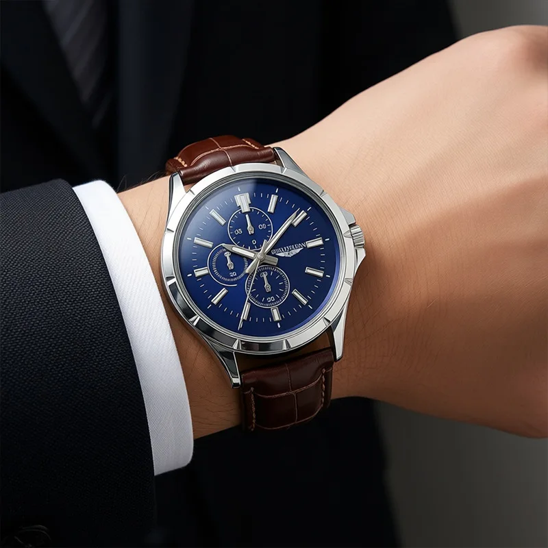 Men Chronograph Quartz Watch, Blue Dial Brown Leather Strap Waterproof Business Wristwatch for Male view 3