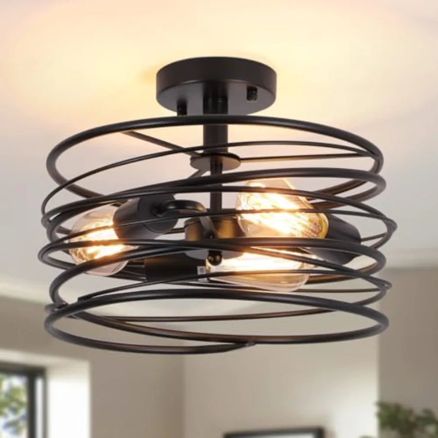 

3-Light Rustic Drum Semi Flush Ceiling Light Fixture, Retro Farmhouse Chandeliers Metal Cage for Dining Room, Industrial Pendan