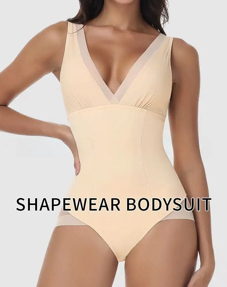 Faja de una pieza con empalme de malla transpirable sexy en V profundo para mujer con ajuste elástico ajustado para la parte inferior del abdomen