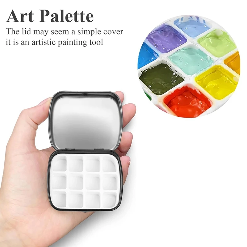 Portable Mini Tin Box,12-Well Empty Watercolor Palette,Small Paint Storage Kits With Magnetic Clip And Oil Pot Durable