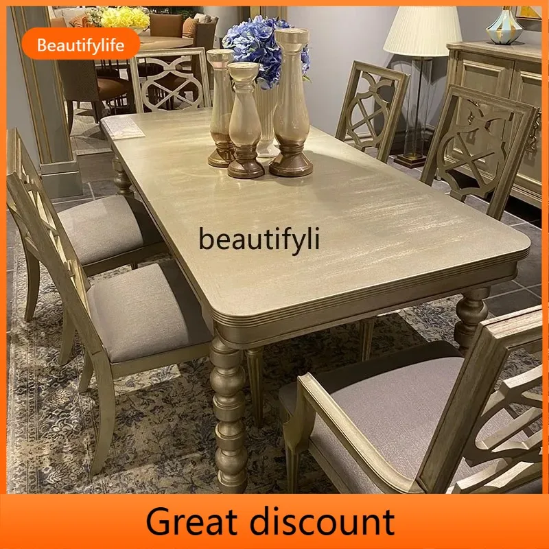 ay55 Light luxury solid wood dining table modern simple living room rectangular dining table champagne color, impression furnitu