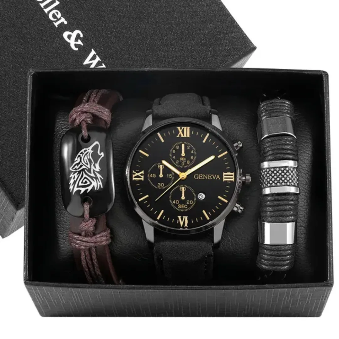 

3PCS Men's Business Watches Fashion Leather Band Analog Quartz Watch with Woven Bracelets Set（Without Box）