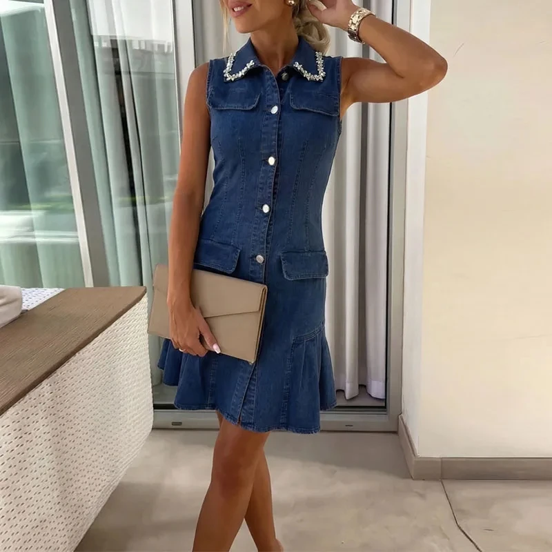 

Summer Solid Color High Waist Pleated Dress Elegant Simple Slim Wrap Hips Dresses Rhinestone Lapel Sleeveless Denim Shot Dress