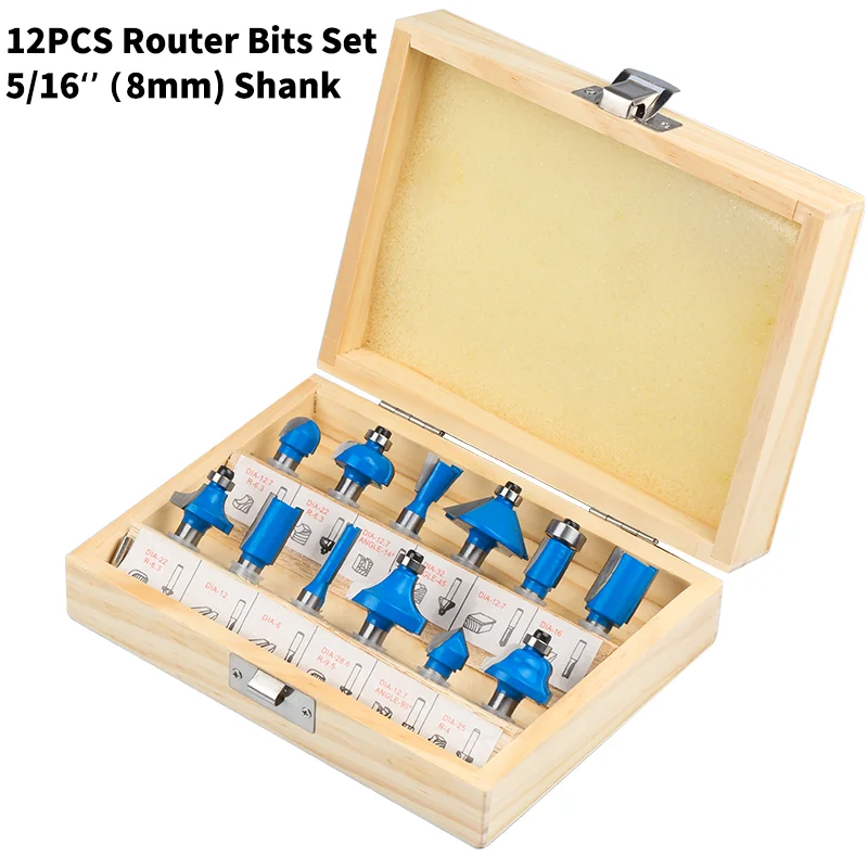 

12Pcs 8mm Shank Router Bit Set Household Woodworking Trimmer Engraving Grooving Milling Cutter Accessories