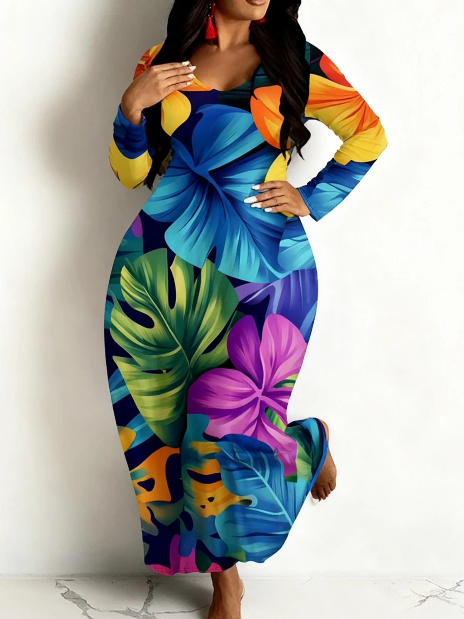 

Женское платье макси больших размеров — свободное платье-рубашка с длинными рукавами и боковыми карманами