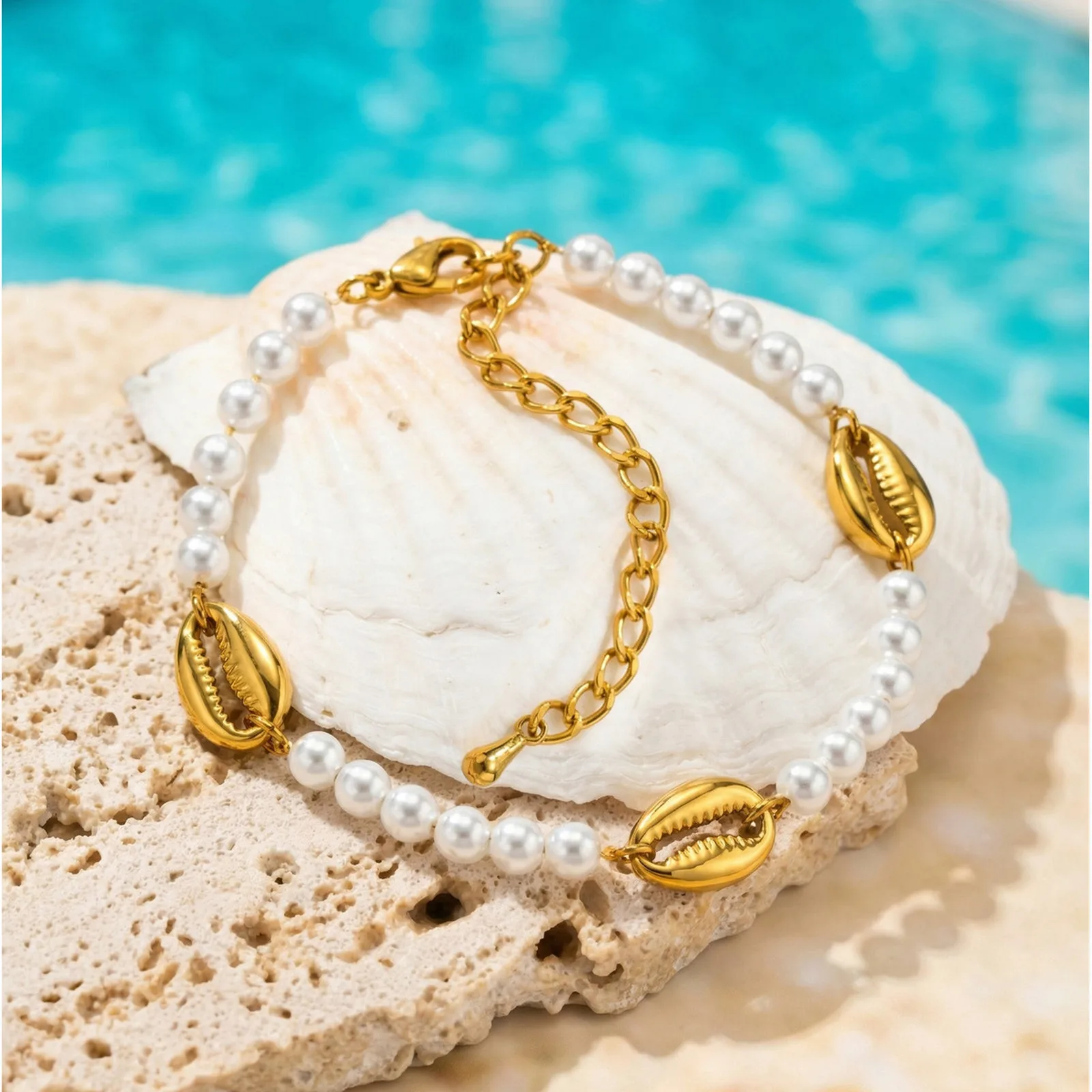 Vnox New Boho Gold Plated Imitation Pearl Shell Bracelet for Women, Stainless Steel Bracelet Summer Beach Style Jewelry Gifts