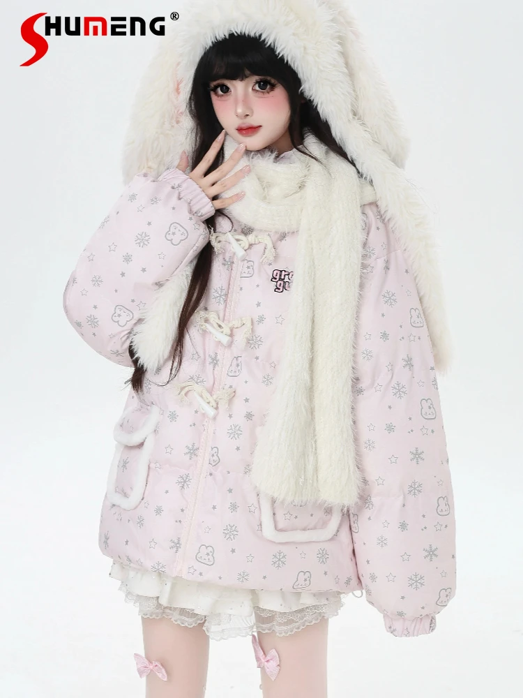 

Christmas New Year Sweet Cute Girl Winter Quilted Coats Cartoon Print Embroidery Thick Warm Plush Hooded Cotton Jacket for Women