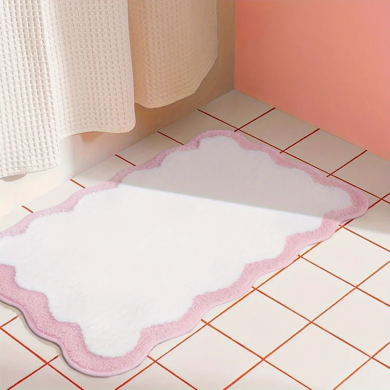 VIKAMA Plüsch-Badematte mit Wellenlinien, rosa, grün, für Badezimmer, Wohnzimmer, Schlafzimmer, einfache, weiche, niedliche Bodenmatte, Heimdekoration