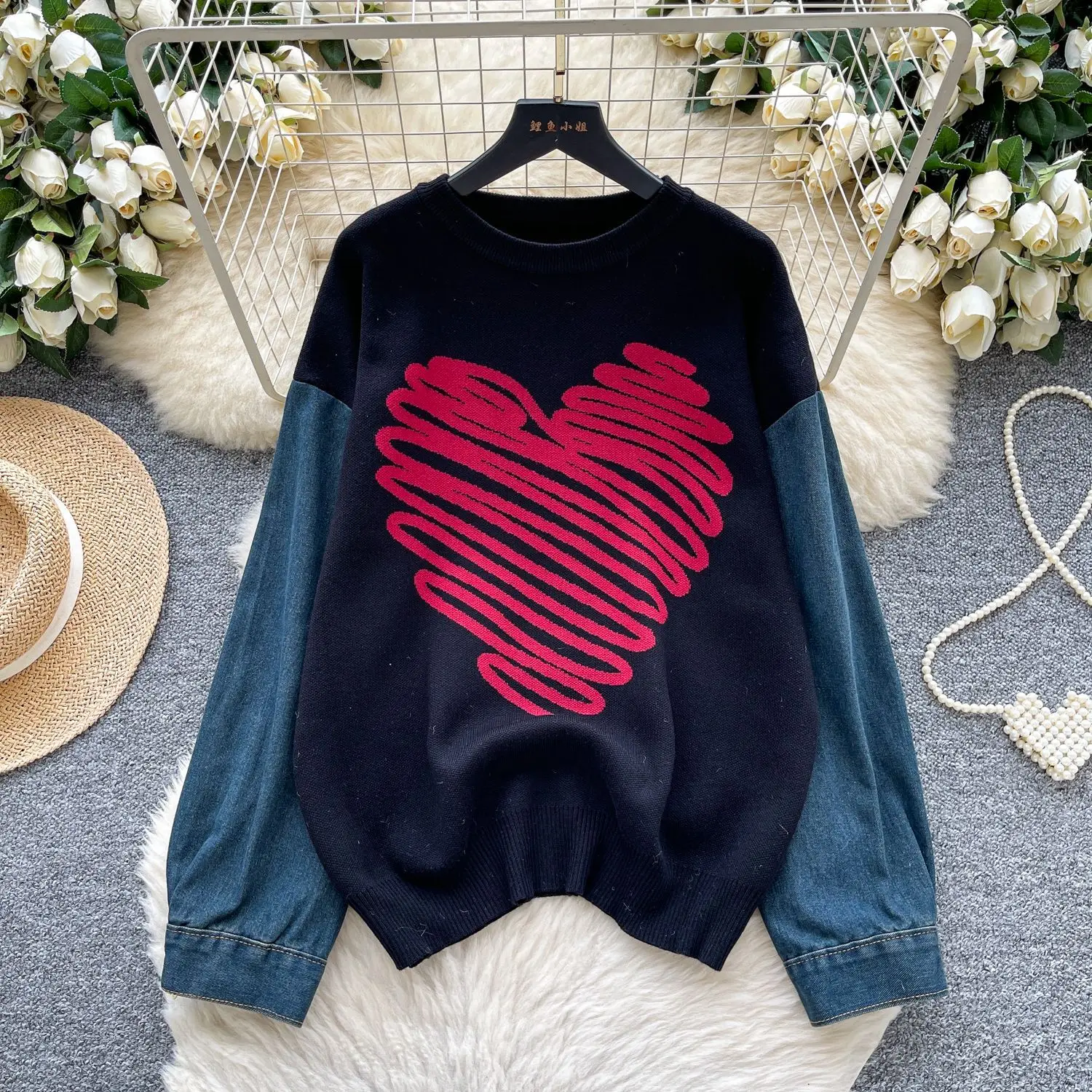 

Women Print Pullovers Round Neck Denim Full Sleeve Jumpers Sweaters Knit Casual Straight Tops Thick Y2k Jumpers Autumn Winter