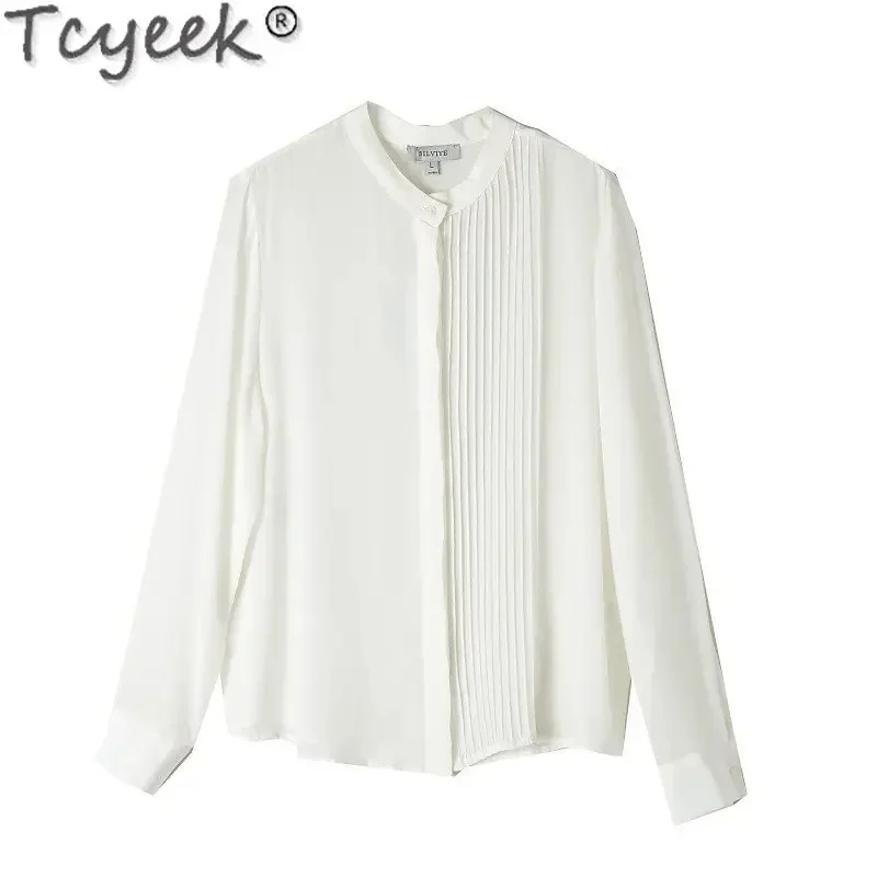 

White Tcyeek Shirt 100% Mulberry Blouse Long Sleeve Tops Spring Real Silk Shirts for Women Blouses Camisa Para Mujer