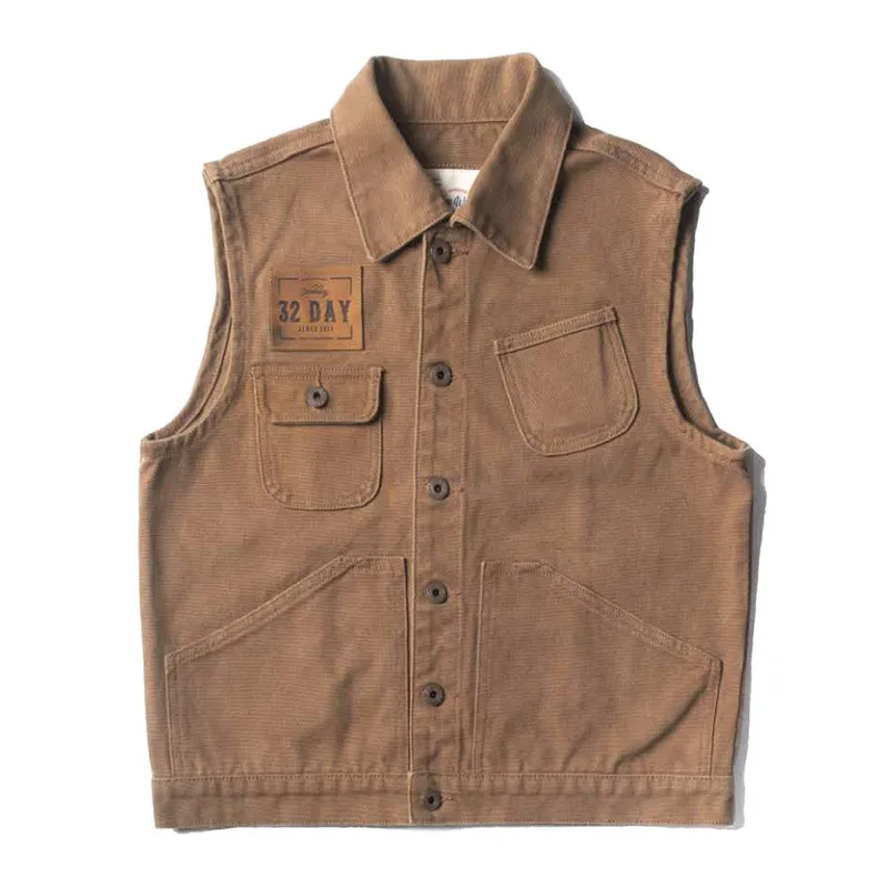 

32 Days American retro casual men's vest spring and autumn lapel Ami khaki multi-pocket hunting vest