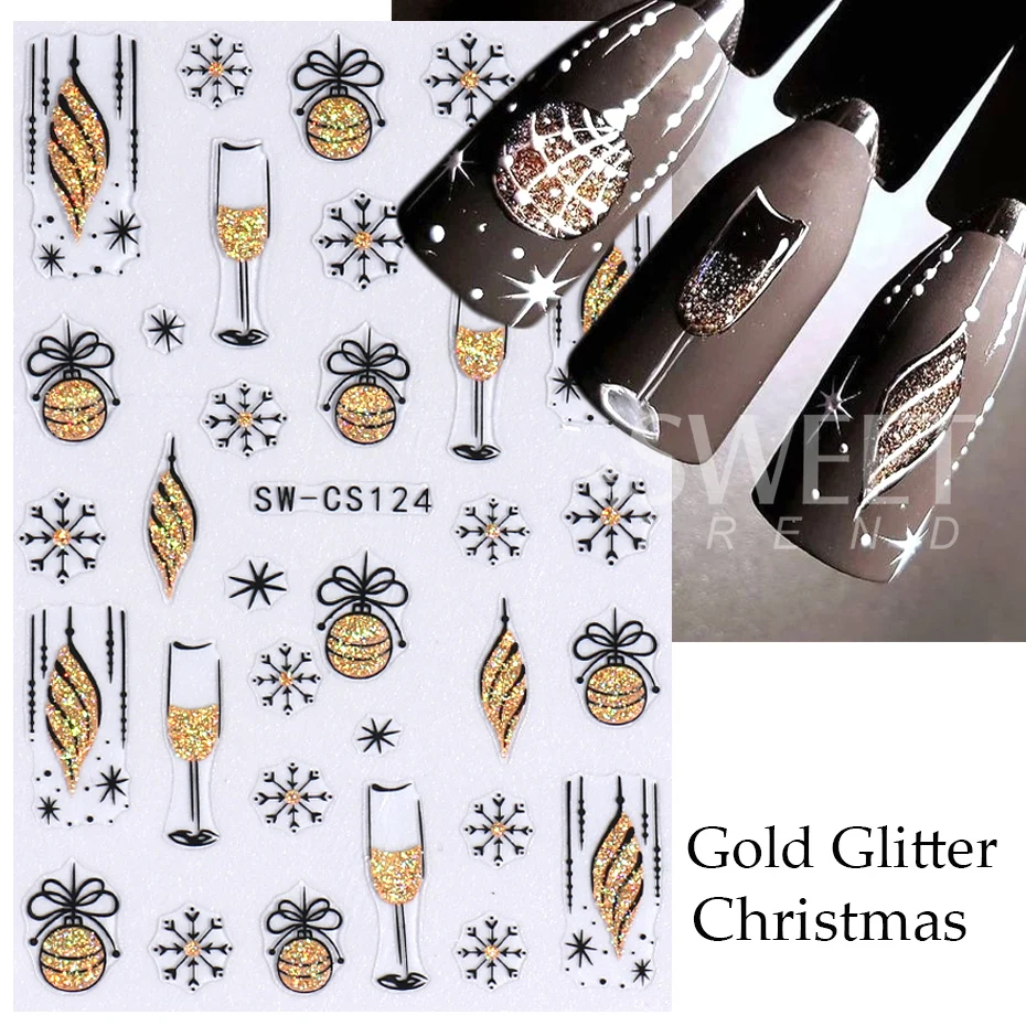 Black Gold Glitter Christmas Nail Stickers Snowflake Star Bow Bell Wine Glass Gift French Lines Winter Xmas New Year 3D Manicure