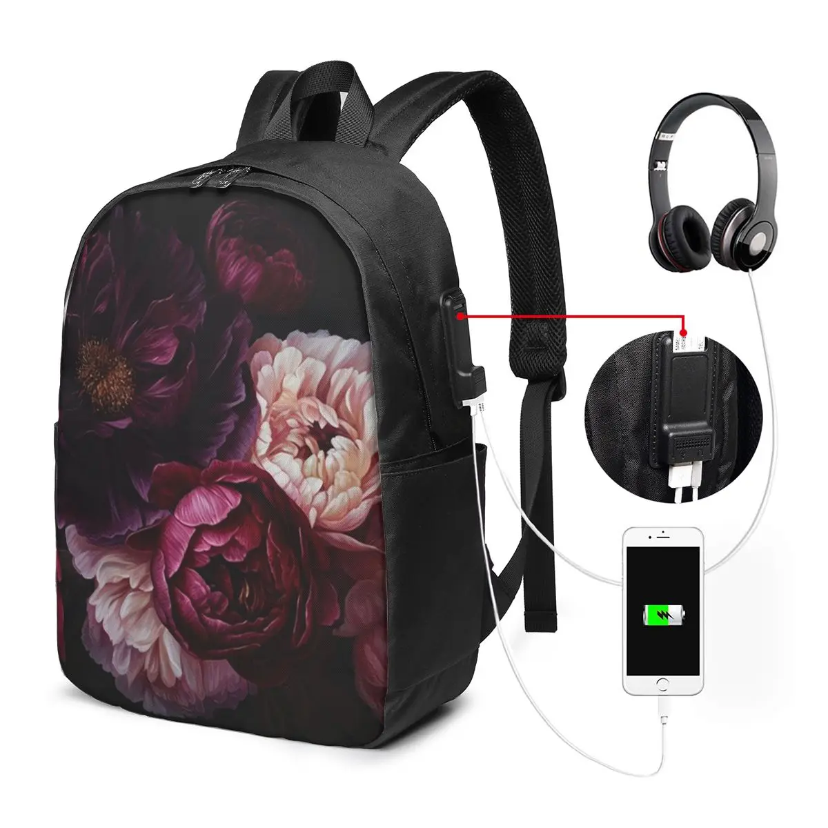 Rococo Style Colorful Peony Flower Backpack Travel Notebook Bag Computer College Student School Bag Laptop Shoulder Bags