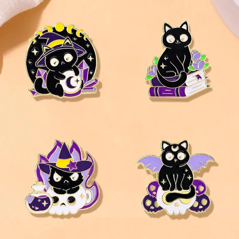 4pcs Cartoon Black Cat Magician Enamel Brooch Creative Animal Halloween Gift Lapel Pin Badge Backpack Clothing Hat Accessories